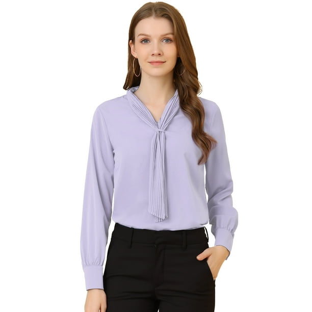 Ropa oficina mujer Blusa Elegante De Oficina De Trabajo Para Mujer, Camisa Plisada Con Cuello De Lazo Y Manga Larga Morado Claro XL