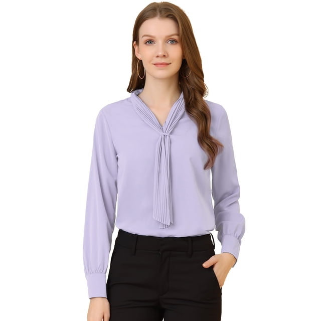 Ropa oficina mujer Blusa Elegante De Oficina De Trabajo Para Mujer, Camisa Plisada Con Cuello De Lazo Y Manga Larga Morado Claro XS
