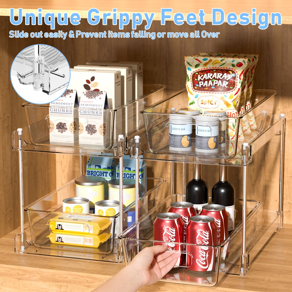 2-Tier Clear Under Sink Organizers and Storage, 2 Pack Pull-Out Cabinet Organizer,Vanity Countertop Container,Stackable Under Sink Organizer Organizers for Kitchen,Bathroom, Pantry Storage