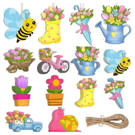 SMKE Garden Theme Decor Garden Wooden Cutout Floral Wood Decor Seasonal Wreath Embellishments Ornament Spring Wooden Cutouts Set of 14 Colorful Flower & Garden Themed Ornaments for Tree Wreath Decor