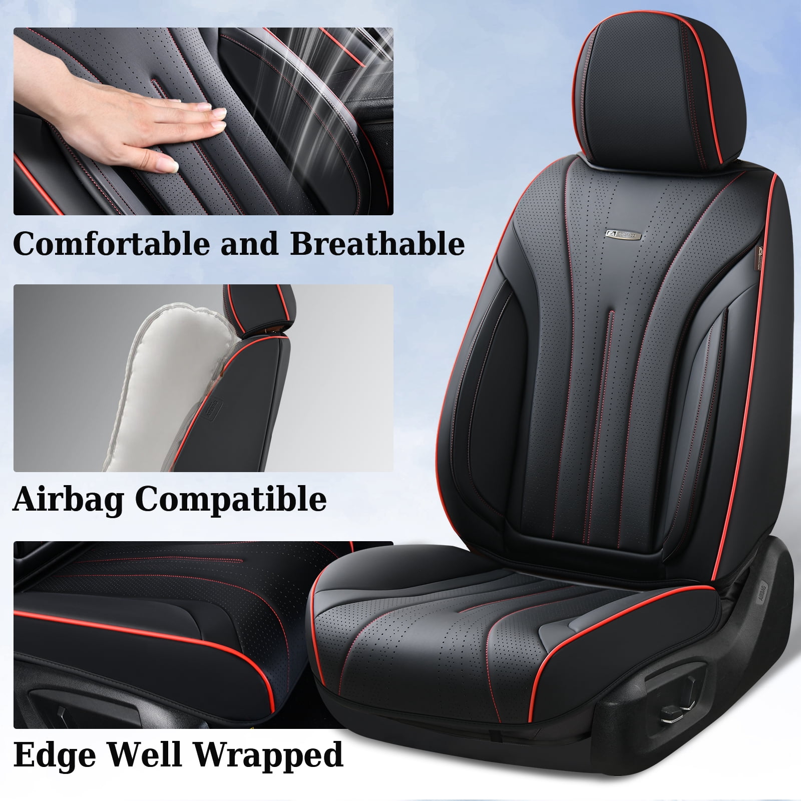 Coverado Full Set Car Seat Covers, Waterproof Faux Leather Front and Rear Seat Protector, Breathable Seat Cushions Universal Fit for Most Cars, Black&Red
