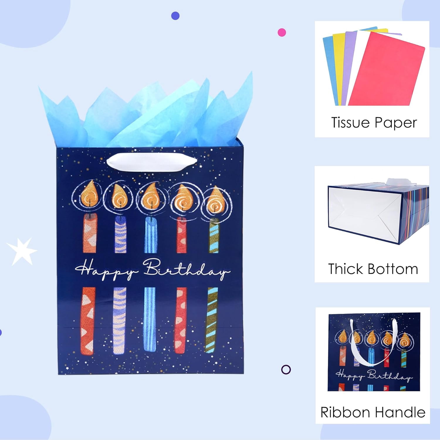 8 Pack Birthday Gift Bags Assorted Sizes (2 Extra Large 15", 3 Large 13",3 Medium 9") with Ribbon Handle and Tissue Paper, Reusable and Perfect For Wrapping Present
