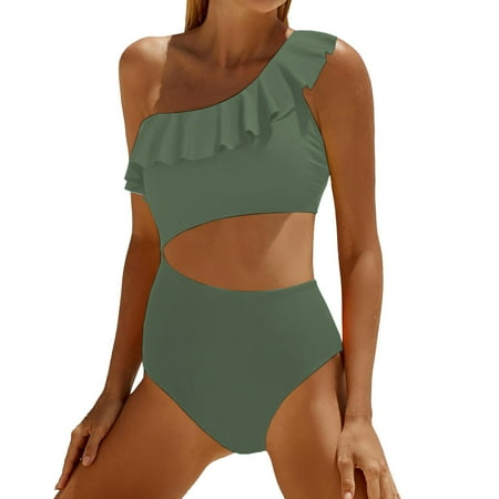 Chuancc Two Piece Swimsuit for Women High Cut Bikini Women Cutout Swimsuits One Shoulder Ruffle Cut Out Bathing Suit Swimwear Monokini 2025 Swim Dresses for Women Tummy Control Green M Clearance