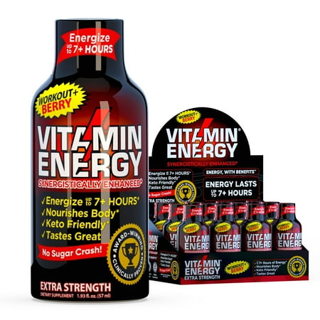 Vitamin Energy Workout+ Pre-Workout Shot, Berry, 48 Pack – 260mg Natural Caffeine, B-Vitamins & Minerals, Zero Sugar, 1.93 fl oz