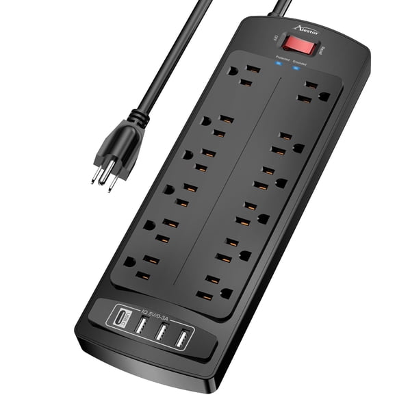 Protector contra sobretensiones Power Strip Alestor de 10 pies con 12 enchufes, 4 USB