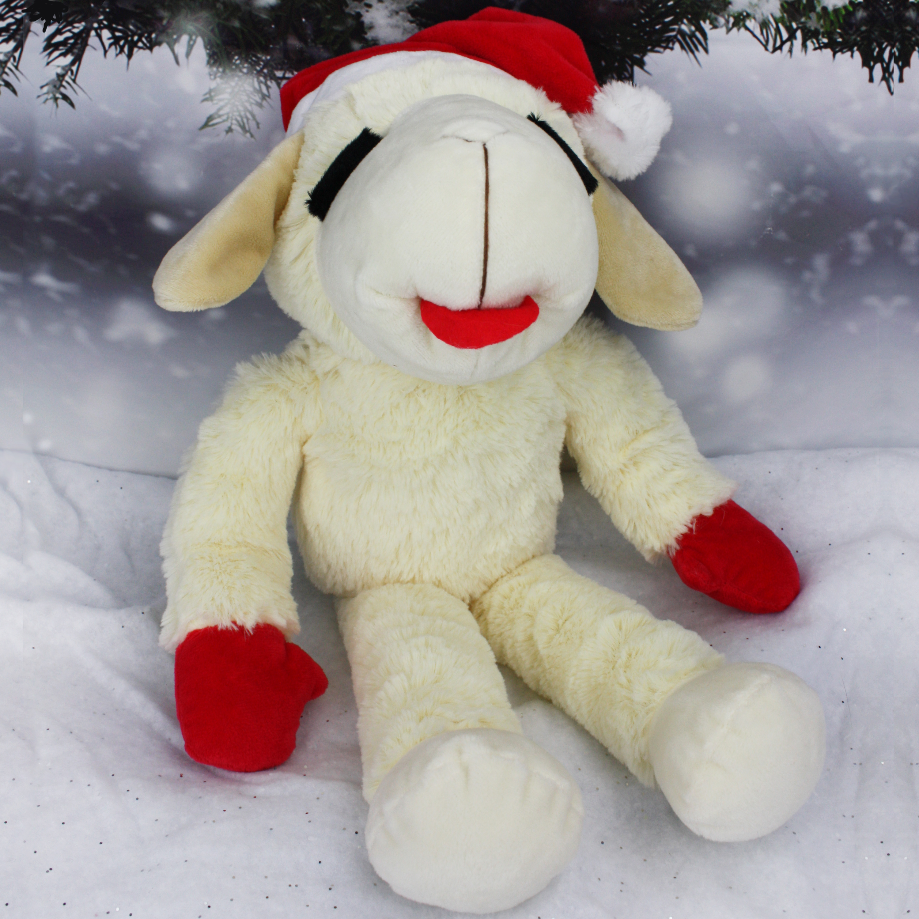 Multipet Jumbo Holiday Lamb Chop, Plush Dog Toy, White with Red Paws and Santa Hat, Squeaker, 19 inches