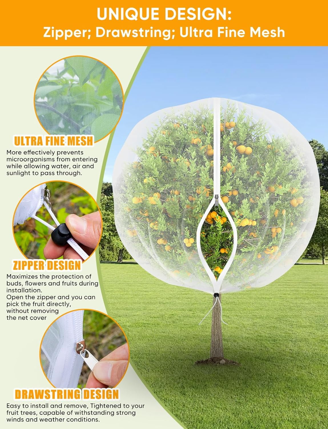 Fruit Tree Netting for Cicadas - with 4Pcs 3.3Ftx3.3Ft Zipper&Drawstring Protection for Your Fruit Trees Garden Bird Netting Covers Blueberry Bush Tomato Bug Plant Protection Cherry Apple Tree