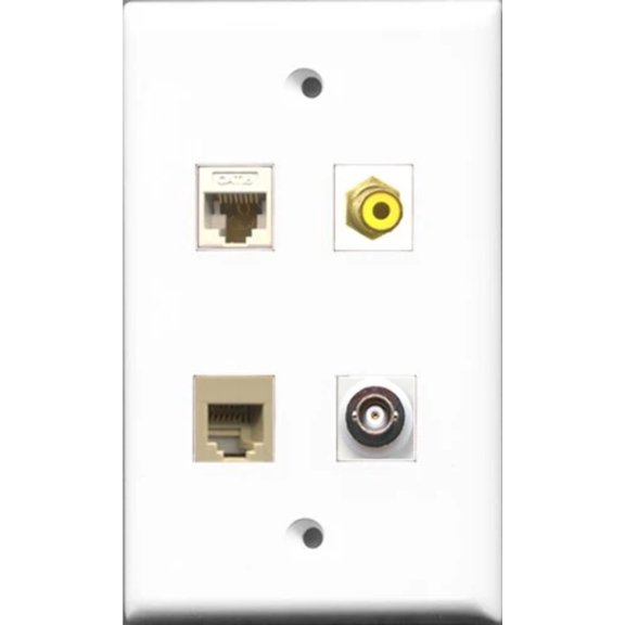 RiteAV 1 Port RCA Yellow and 1 Port Phone RJ11 RJ12 Beige and 1 Port BNC and 1 Port Cat6 Ethernet White Wall Plate