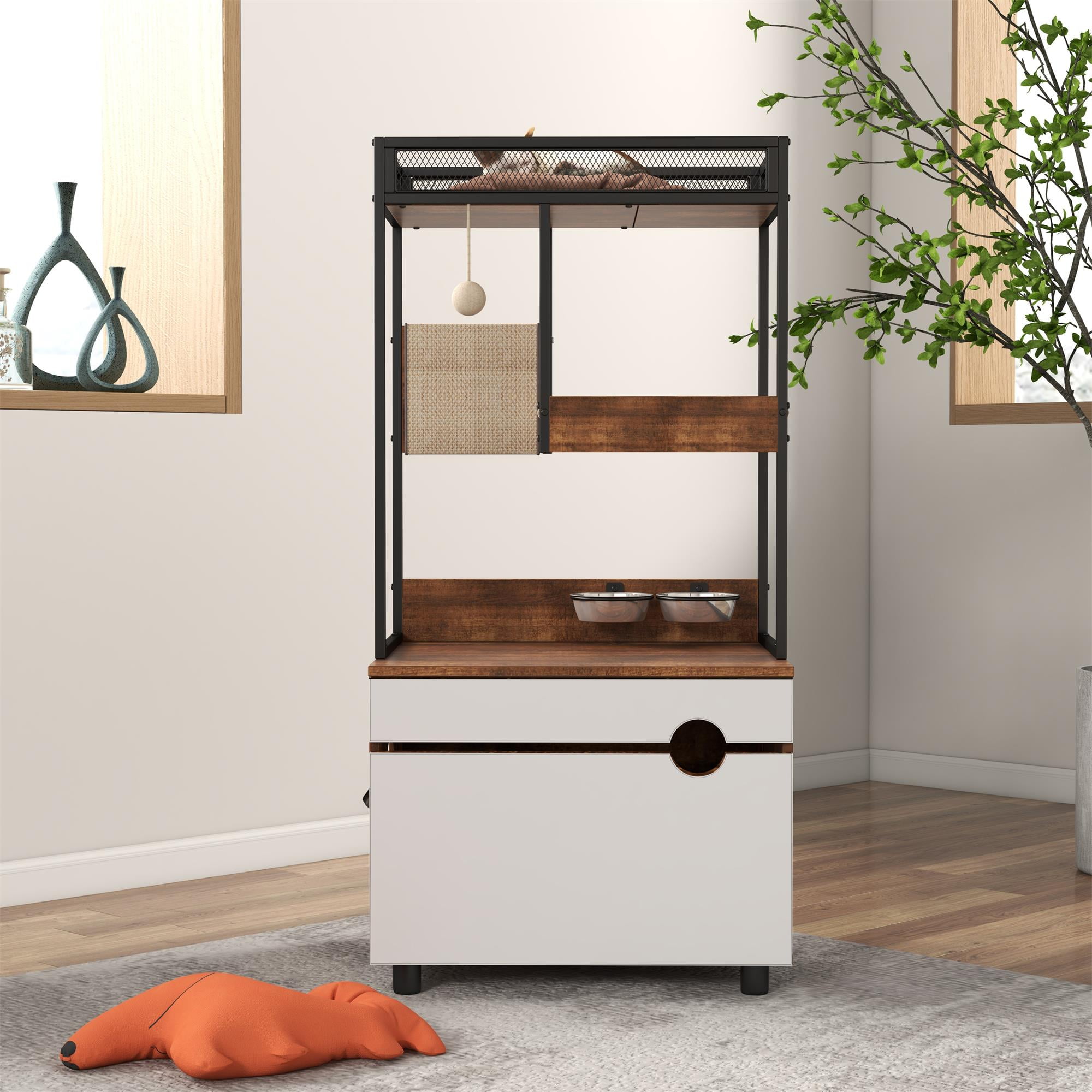 resenkos 48" Hidden Cat Litter Box Furniture with Cat Tree Tower, Cat House Enclosure with Scratching Pads and Hammock, Brown