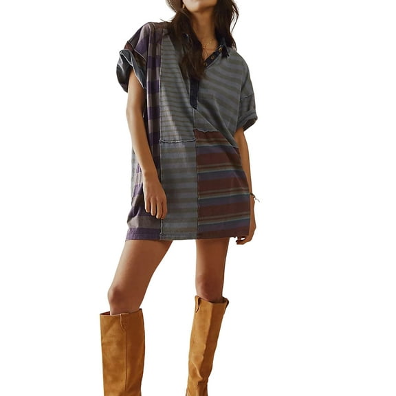 Women Contrast Striped Babydoll Y2k Summer Patchwork Mini T- Shirt Vintage V Neck Short Sleeve Dress Blue & M