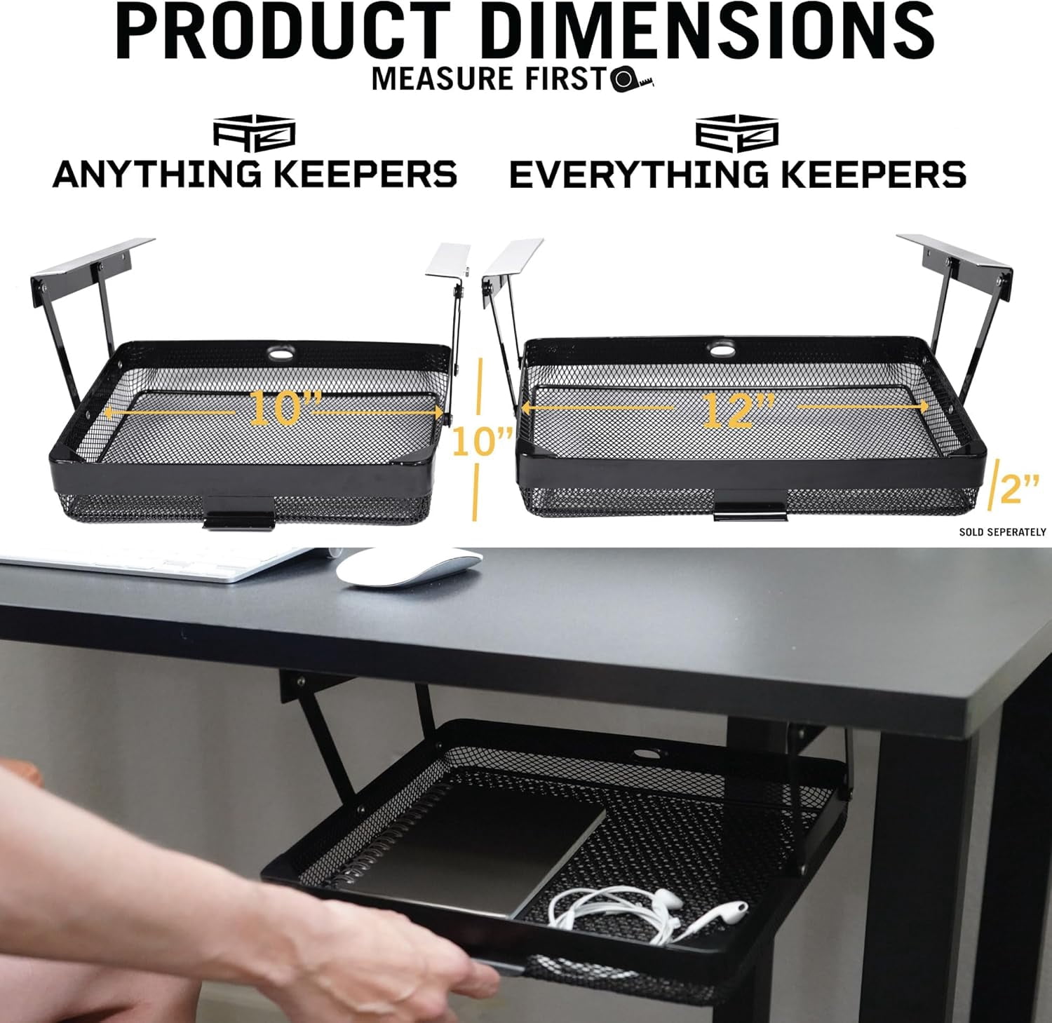 KEEPERS Under Desk Drawer Slide Out - Metal Storage Organizer for Office Home RV Kitchen - Slim Attachable Pencil Holder with Smooth Glide Mechanism - Black Steel
