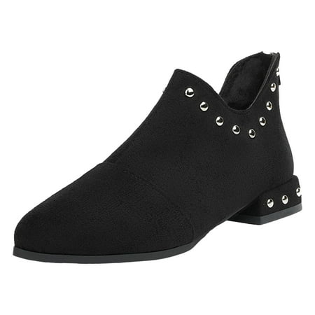 OJSFQUFP Womens Shoes Winter Warm Boots Autumn and Winter Retro Pointed Toe Back Zipper Low Heel Ankle Boots Black Boots for Women Rubber Boots Black 38