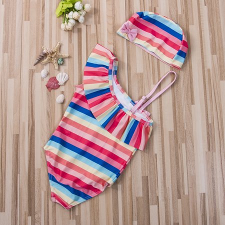 

Baby Girls One Shoulder Swimwear Rainbow Striped Print Ruffled Bikini Swimsuit Beachwear with Hat