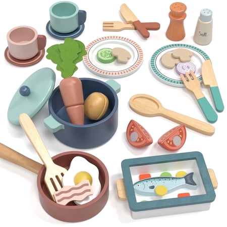 Play Food Set Kids Kitchen Play Set Wooden Play Food Set for Kids Kitchen with Pots and Pans Cookware Cutting Play Food Toy for Girls Boys 3-8 Year