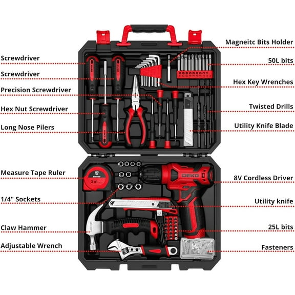 8V Red Cordless Drill Set with 126 Piece Home Tool Kit for Women