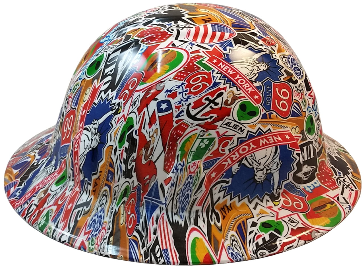 Route 66 Sticker Bomb Hydro Dipped Hard Hats, Full Brim Design with 4 Pt Suspension