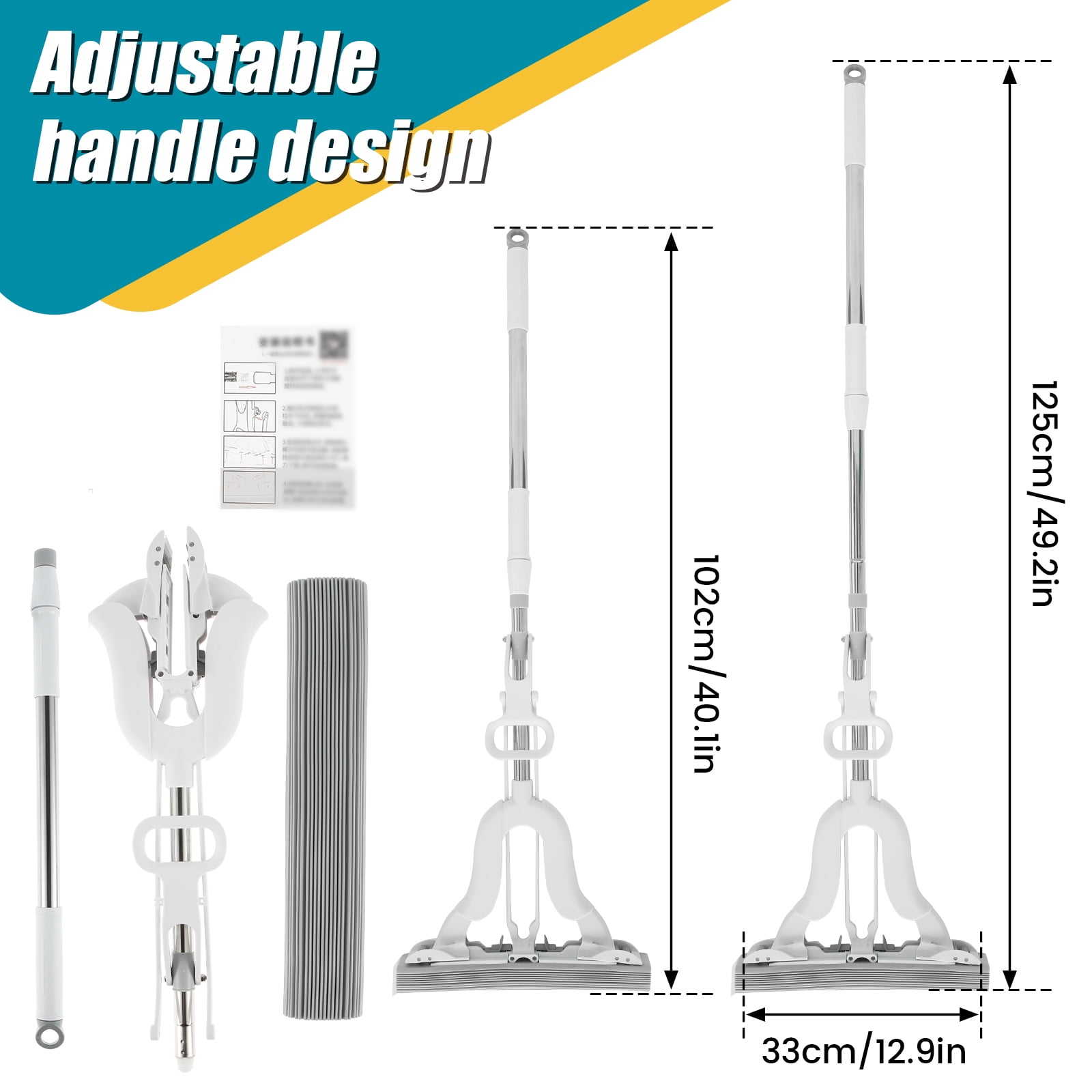 PVA Sponge Mop With Squeeze Roller - Stainless Steel Floor Cleaner For Hardwood & Tile