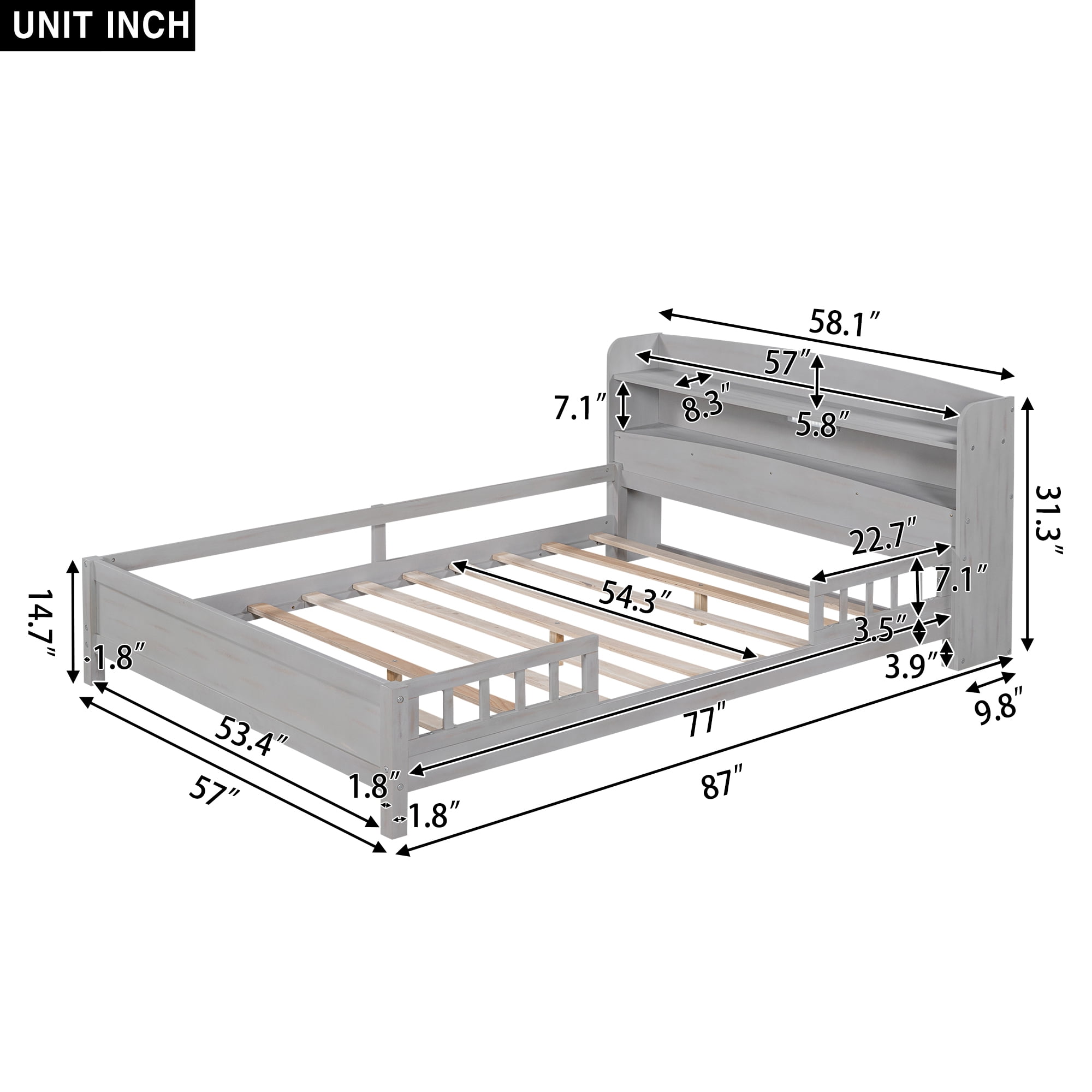 Alvantor Full Size Platform Bed with LED Light, Wood Storage Headboard and Guardrail, Antique Grey