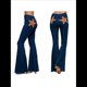 thumbnail image 3 of Pantalones Vaqueros Acampanados con Parches de Estrellas para Mujer, Cintura Media, Corte Acampanado, Elásticos, Pierna Recta, Ajustados. Azul Oscuro L, 3 of 10
