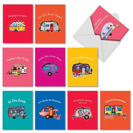 10 Pack 'Happy Campers' All Occasion Blank Greeting Cards - Bulk Boxed Set of Assorted Mini Note Cards with Envelopes - Adventure, Travel and Road Trip Stationery 4 x 5.12 inch AM6413OCB-B1x10 Mini (Best Birthright Trip To Party)