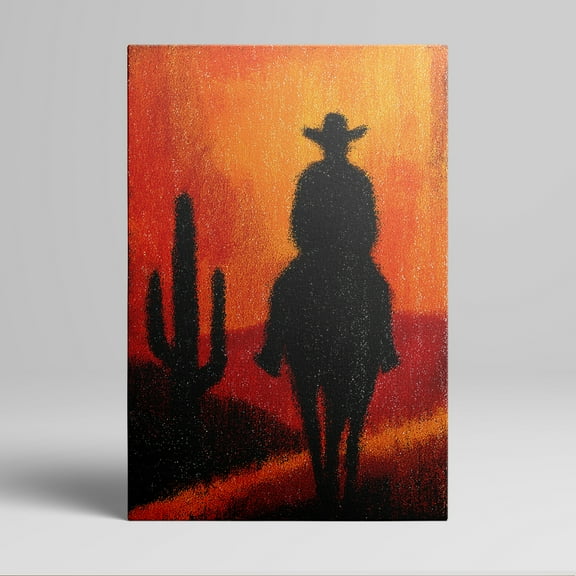 1pc Western - themed Cowboy Silhouette on Horseback against a Sunset Canvas Wall Art, with Cactus in Desert Landscape, framed Decor room hanging Wall Picture Decor for Home Gifts, living room,