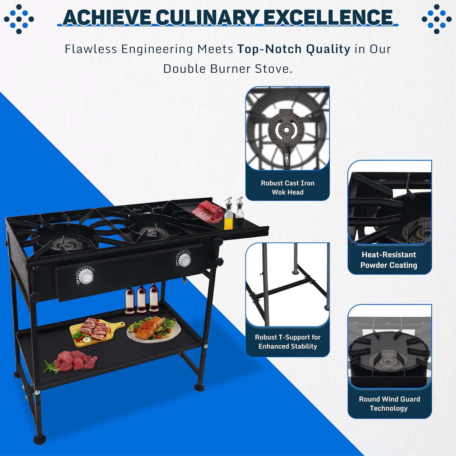 SONRET - Double Burner Propane Gas Stove - with Detachable Legs and Side & Bottom Shelf