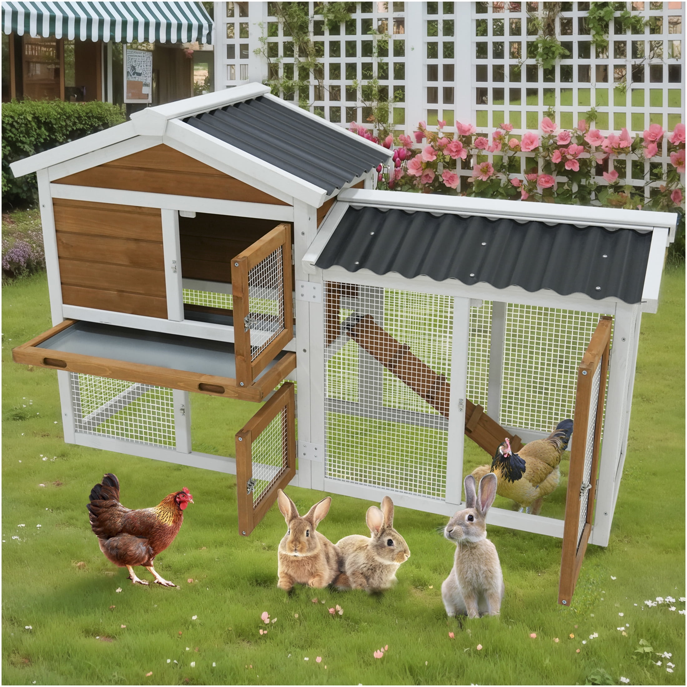 JERFIT 58 Inch Large Wooden Rabbit Hutch with Waterproof Roof, Outdoor Bunny Cage with Ramp & Pull-Out Tray for Rabbits, Guinea Pigs, Small Pets