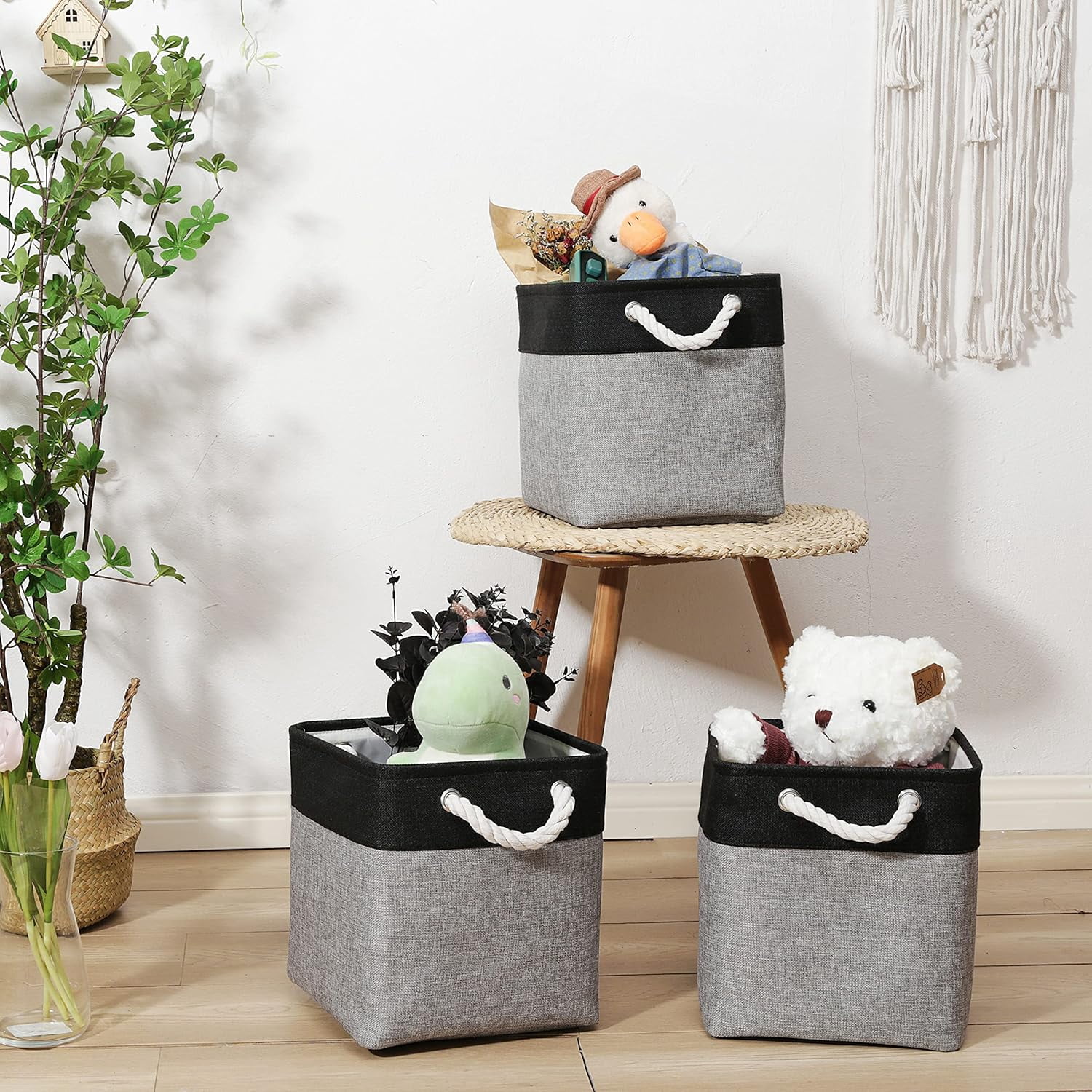 Large Cube Storage Baskets (10.5 × 10.5 × 11 inches), Canvas Fabric Collapsible Storage Boxes with Cotton Handles for Closet, Shelves, Clothes, Toys, Towel (Black&Grey-6Pack)
