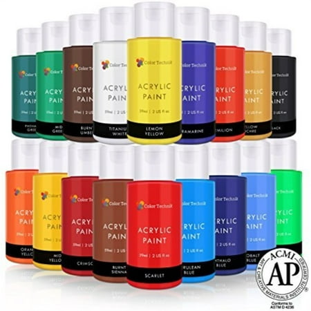 Acrylic Paint Set By Color Technik, Artist Quality, LARGE SET - 18x59ml (2-Ounce) Bottles, Best Colors For Painting Canvas, Wood, Clay, Fabric, Nail Art & Ceramic, Rich Pigments, Heavy Body, GIFT