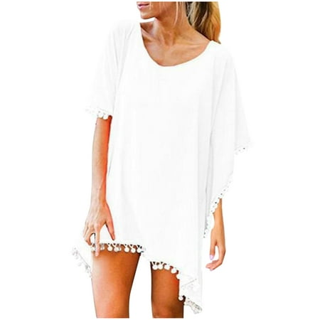 Summer Savings! Lovzfmll Swimwear Cover-ups for Women  Women Trim Kaftan Chiffon Tassels Swimwear Beach Loose Bikini Cover up White