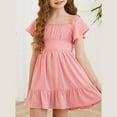 thumbnail image 2 of Mlqidk Girls Summer Dresses Kids Bow Tie Back Ruffle Sleeve Dress Elegant Party A-Line Swing Midi Dresses Square Neck Sundress Pink 10-11Y, 2 of 7