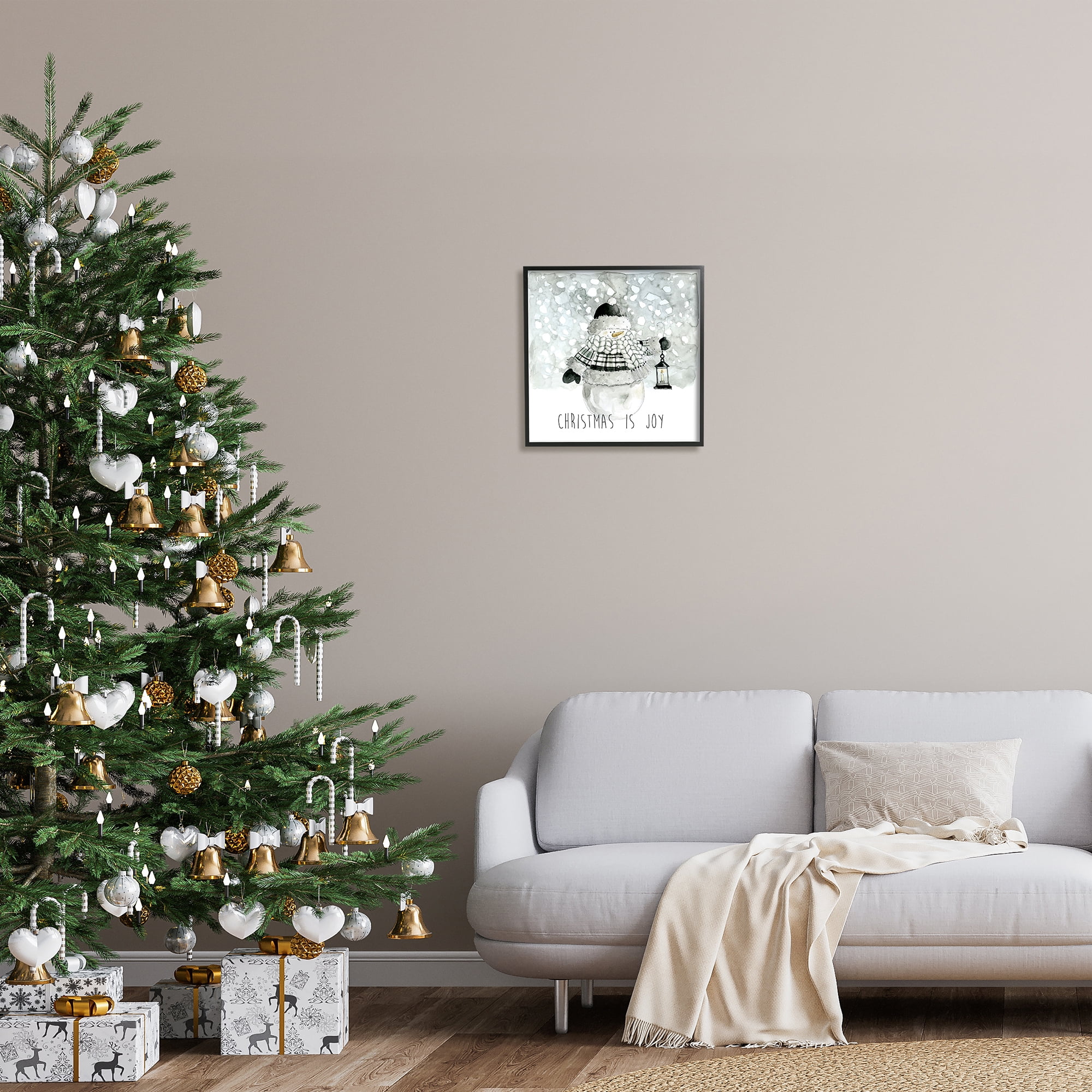 Stupell Industries Christmas is Joy Snowman Holiday Painting Black Framed Art Print Wall Art, 17 x 17