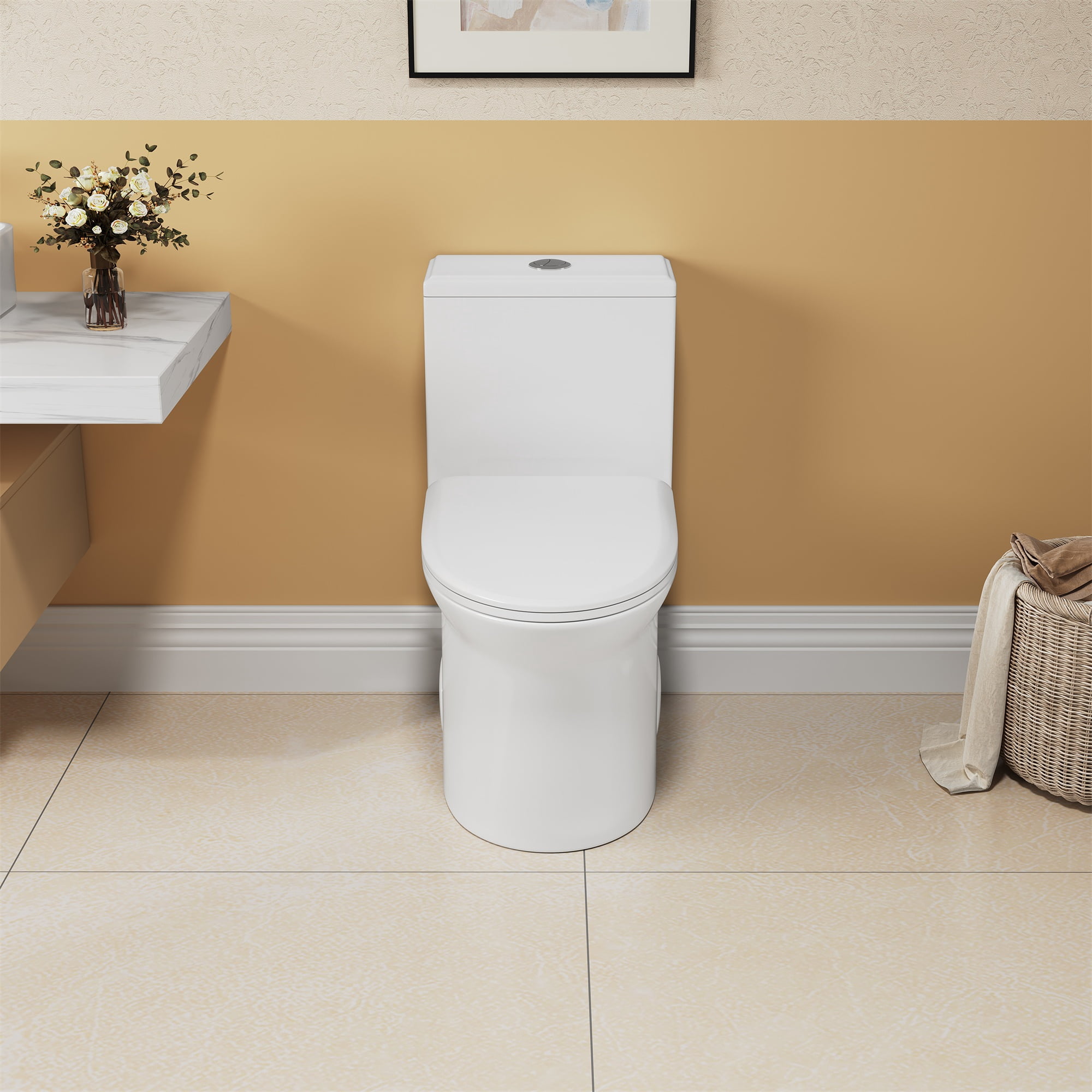Alvantor One-Piece Toilet 15.5"Height Ceramic Elongated Floor Mounted 1.1/1.6 GPF Toilet White