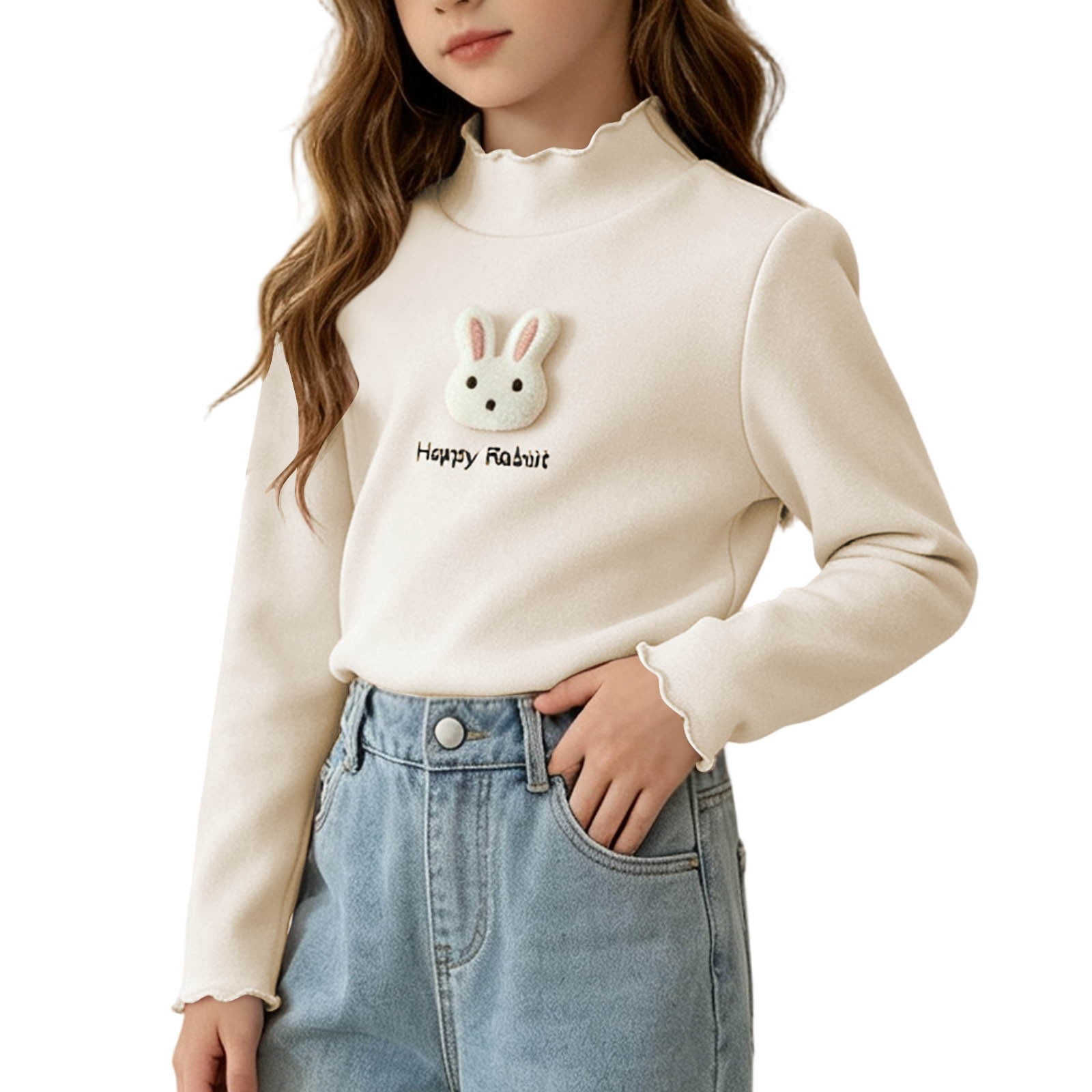 Yeaiivve Toddler Girls Long Sleeve Tops Ruffle Mock Neck Happy Rabbit Graphic Cute Tees Fall Casual T-Shirts Thin Fleece Thermal Undershirts for Kids Beige 2-3 Years
