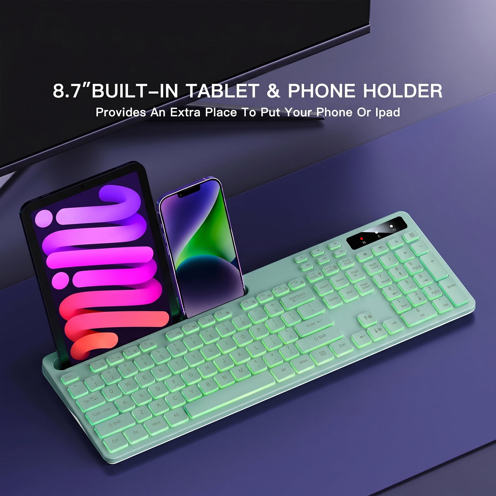 Wireless Keyboard with 7 Color RGB Backlit, Marvo Computer Keyboard with Phone Tablet Holder, Rechargeable 2.4G Wireless Gaming Keyboard with Light Up Keys, Compatible with Mac,Window, Green