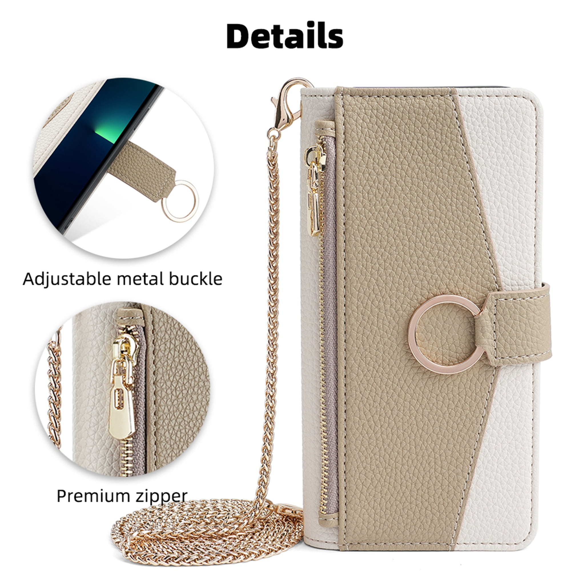 Dteck Crossbody Wallet Case for iPhone 11 Pro Max, Premium Color-Blocking PU Leather Zipper Purse with Card Holder Mini Mirror for Women Girls, Folio Flip Phone Case with Magnetic Closure,White