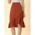 thumbnail image 2 of INSPIRE CHIC Falda asimétrica con dobladillo con volantes de color sólido y cintura alta con decoración de botones para mujer Rojo ladrillo S, 2 of 6