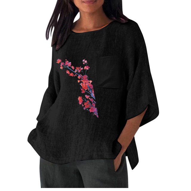 Xihbxyly Hauts pour Femmes Chemise Décontractée Imitation Coton et Lin Imprimé Manches 3/4 Col Rond T-shirt à Poche Surdimensionné Chemise Décontractée Légère et à la Mode Haut d'Été Offres de Vacances