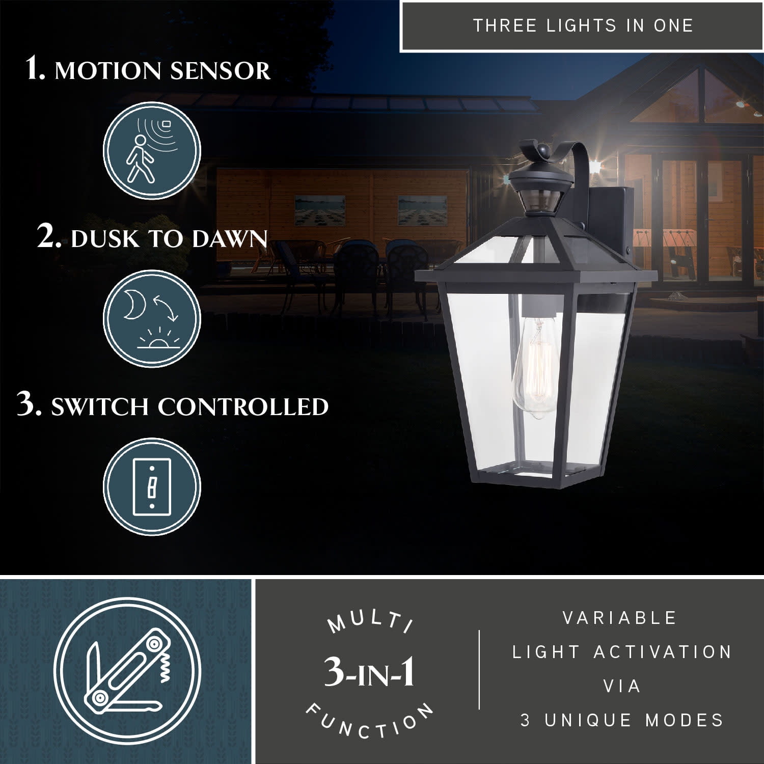 Derby 1 Light Matte Black Motion Sensor Dusk to Dawn Outdoor Wall Lantern Clear Glass Shade, LED Compatible