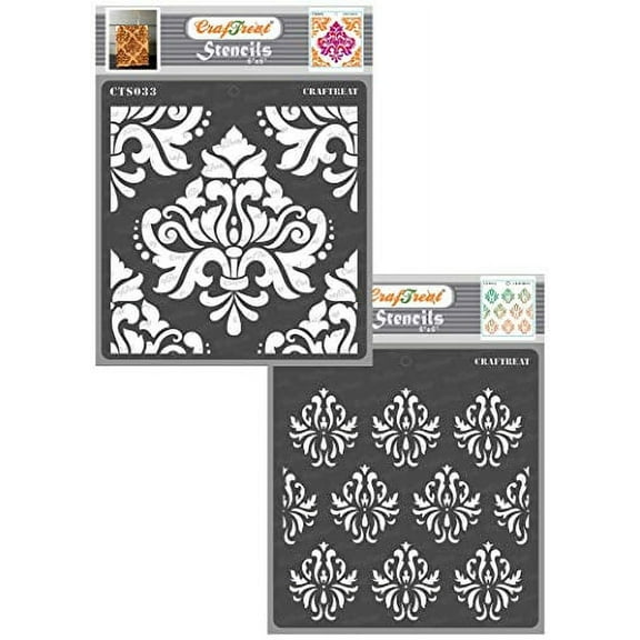 CrafTreat Damask Stencils for Painting on Wall, Tile, Wood, Canvas, Paper, Fabric, and Floor - Bold Damask and Damask Background - 2 Pcs - 6x6 Inches Each - Reusable DIY Art and Craft Stencils