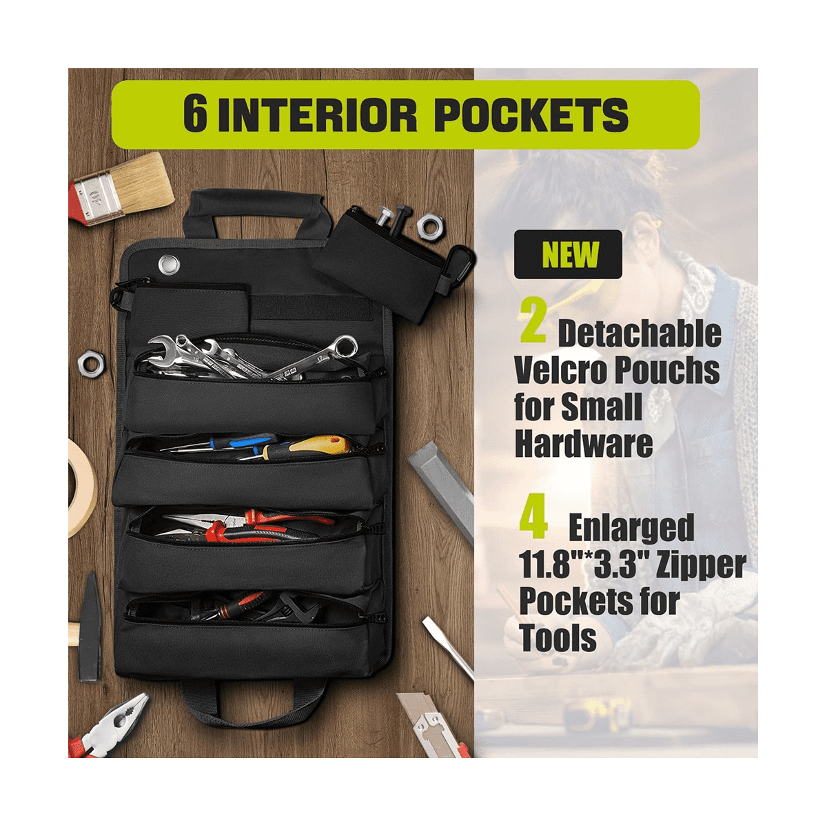 Tool Roll Up Bag, Roll Tool Organizer with 3 Detachable Pouches