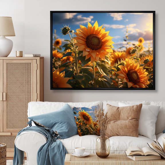 Designart "Paradise Sunrise Germany Sunflower painting I" Floral Floater Framed Canvas Print