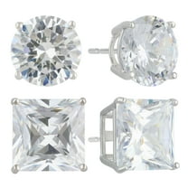 Brilliance Fine Jewelry Women's Simulated Diamond Duo Round and Square Earring Set in Sterling Silver