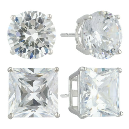 Brilliance Fine Jewelry Women's Simulated Diamond Duo Round and Square Earring Set in Sterling Silver