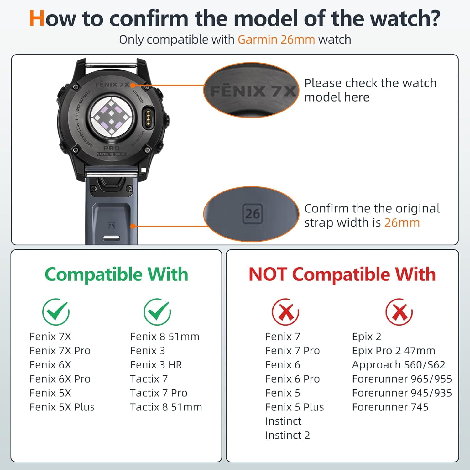 CRKMGS-26mm Quickfit Watch Band Compatible with Garmin Fenix 6X/6X Pro/Fenix 7X/7X Pro Band Soft Silicone Replacement for Fenix 5X/5X Plus/Fenix 8 51mm Band/Fenix 3/Fenix 3 HR/Fenix 6X Pro Smartwatch