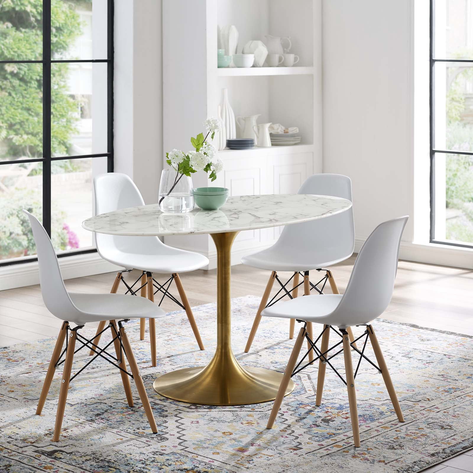 Modway Lippa 54" Oval Faux Marble & Metal Dining Table in Gold and White