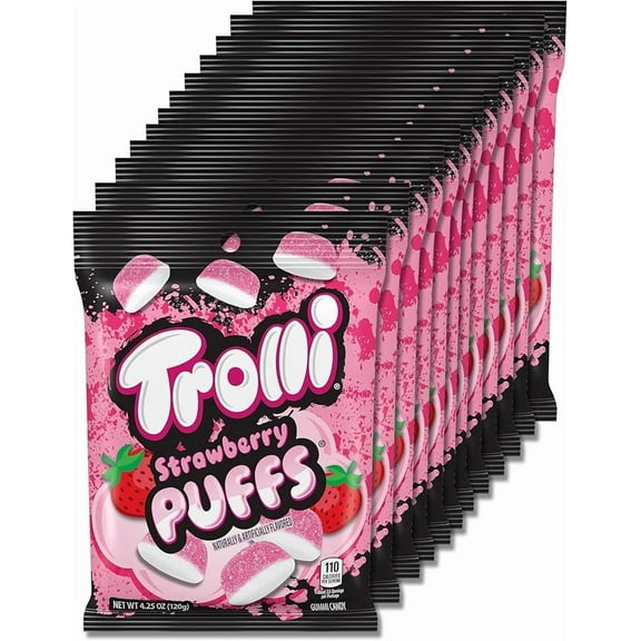Trolli Strawberry Puffs Gummy Candy – 12 Count Pack – 4.5 oz Bags Each – Soft & Fluffy Strawberry Flavored Gummies Bulk Share Size