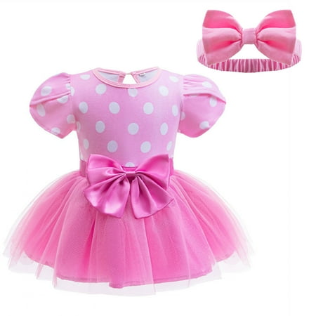 Baby Girl Mini Mouse Costume Romper with Headband Halloween Birthday Party Dress Onesie, Size for 9-12 Month