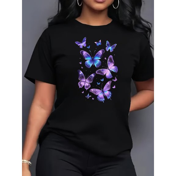 Women's Butterfly Print Short-Sleeve T-Shirt | Round Neck Top All-Season