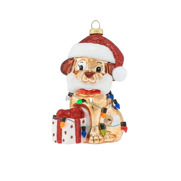 Kat Annie 4.5" Puppy Present with Santa Hat Christmas Ornament